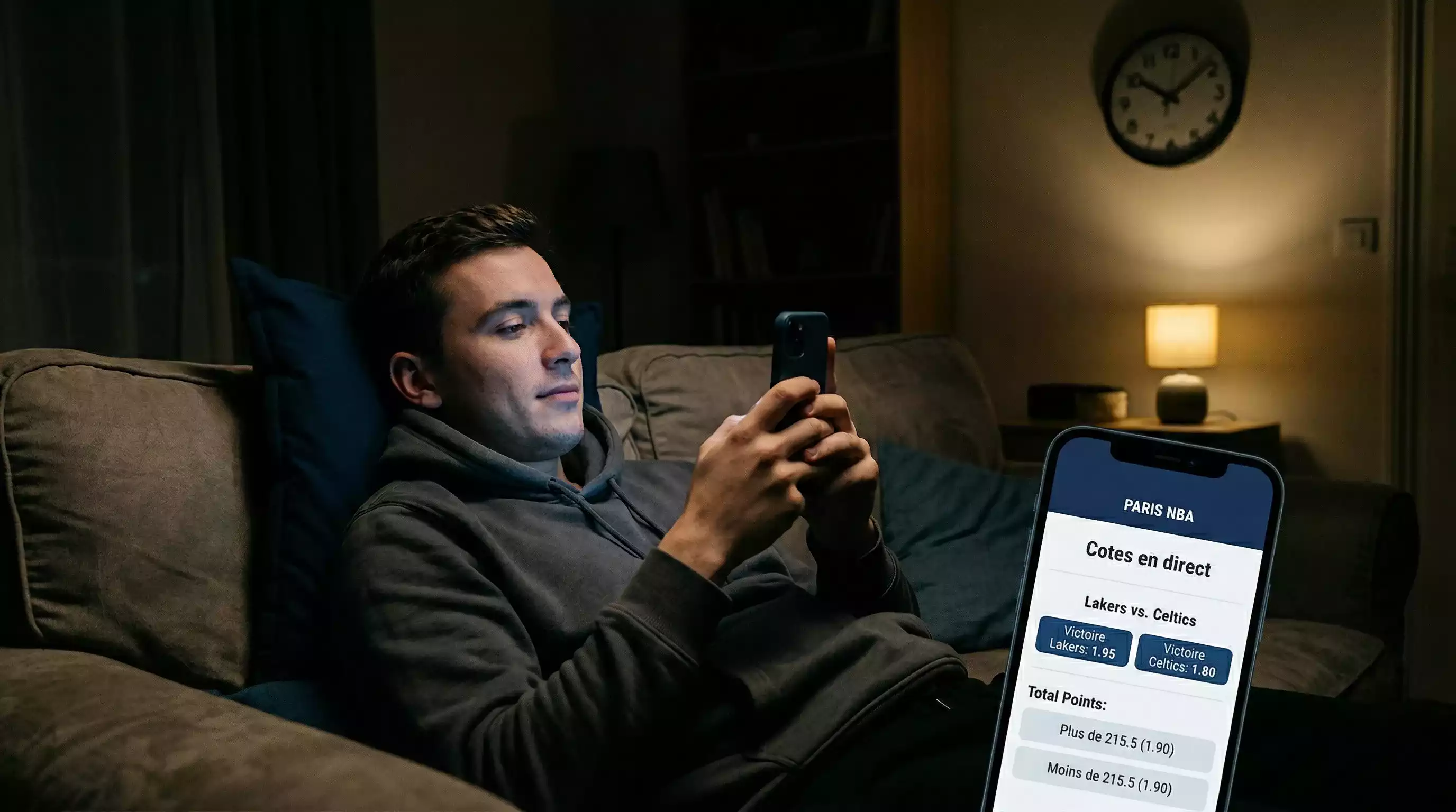Personne utilisant une application mobile de paris pendant un match NBA