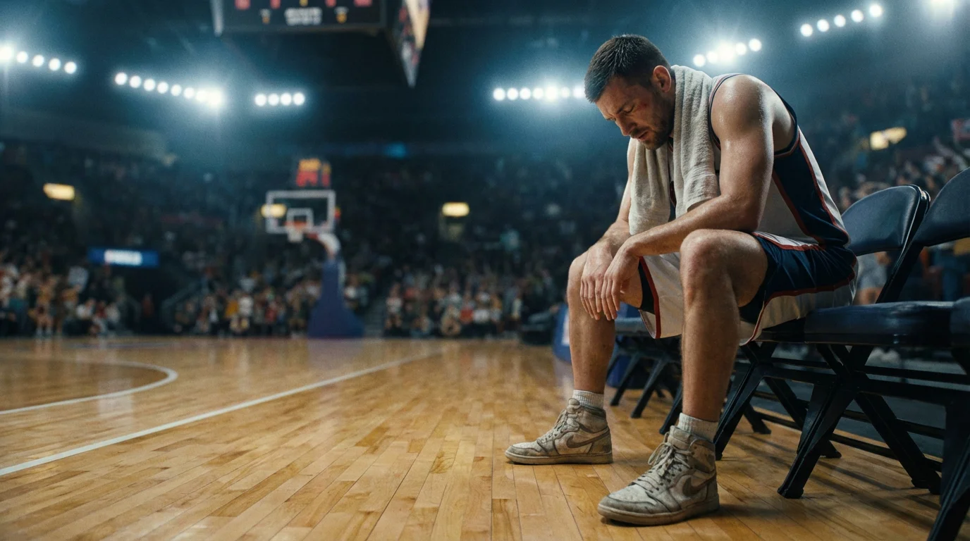 Joueur de basketball fatigué assis sur le banc dans une salle NBA pendant un temps mort