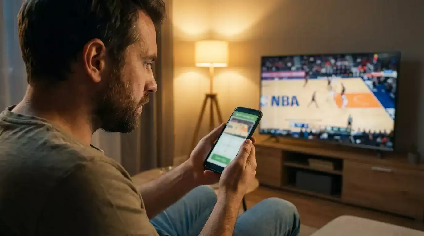 Supporter suivant un match NBA en direct sur son téléphone avec option de cash out