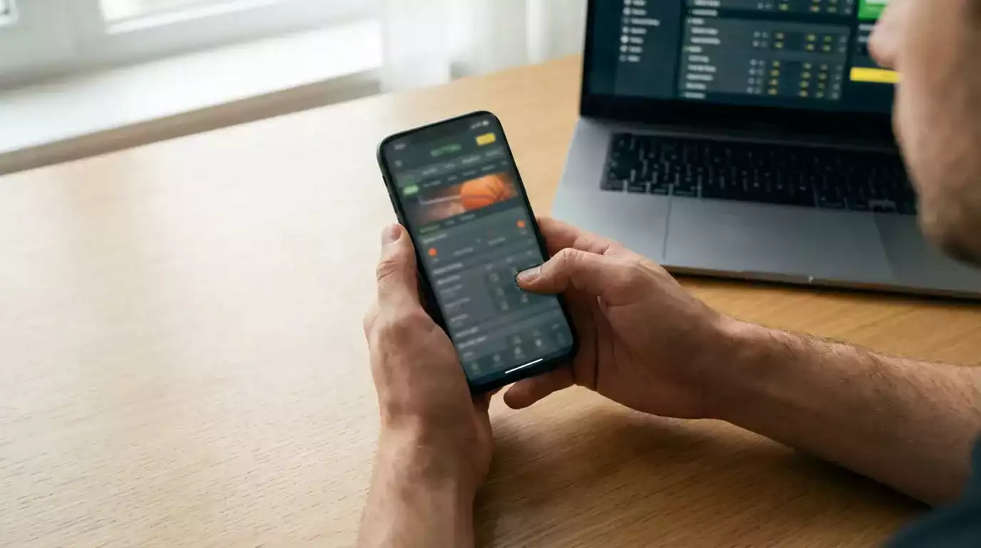 Personne comparant des options de paris NBA sur un smartphone