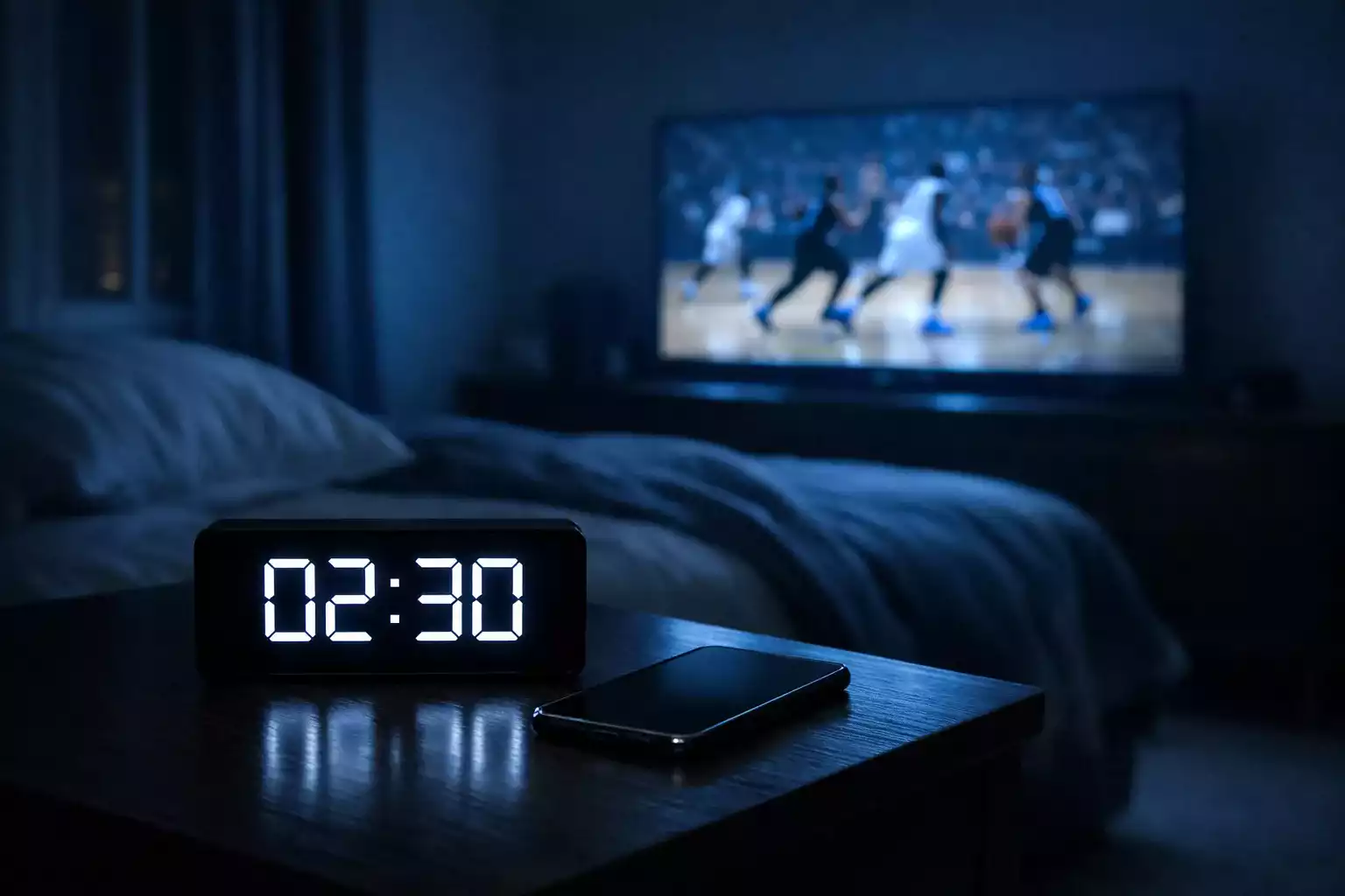 Réveil affichant une heure tardive avec écran de match NBA illuminé en arrière-plan