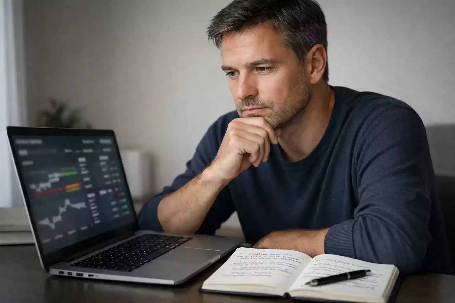 Parieur réfléchissant devant son écran avec expression de concentration et d'analyse