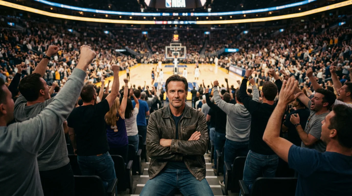 Foule de supporters NBA dans une arène avec un parieur observant le match depuis les gradins