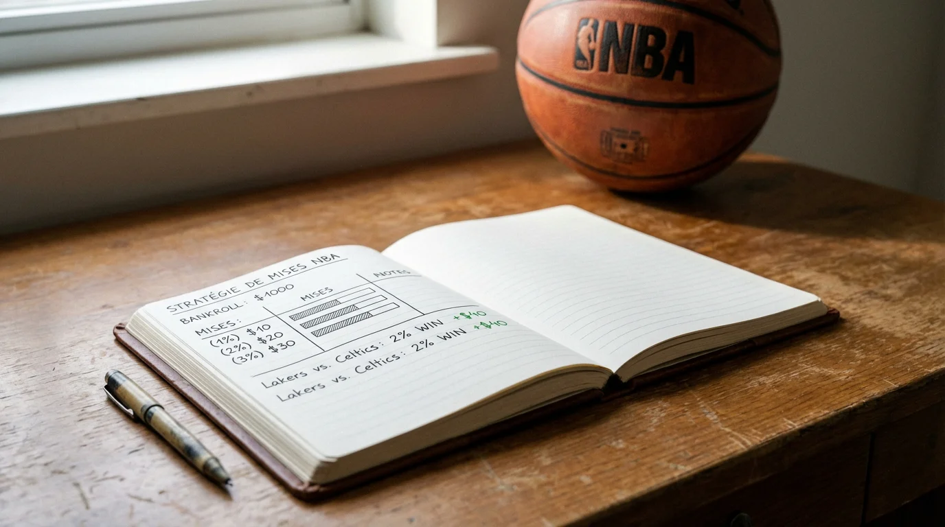 Carnet de notes avec stratégie de gestion de bankroll et stylo posé sur un bureau