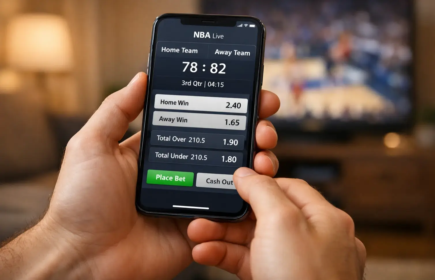 Écran de smartphone affichant une application de paris sportifs avec un match NBA