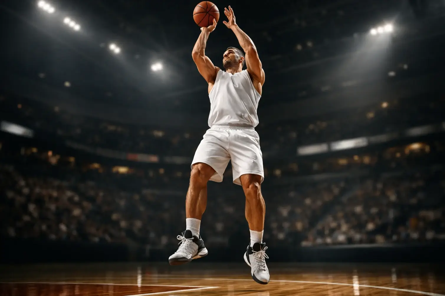 Joueur NBA en action lors d'un match, capturant l'intensité de la performance individuelle