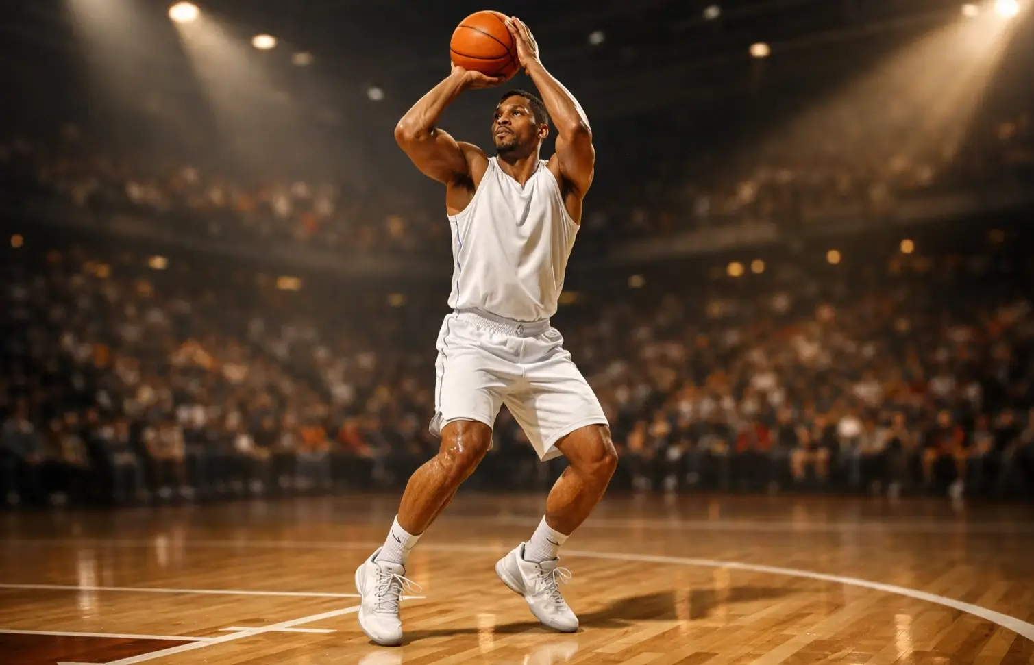 Joueur NBA en pleine action lors d'un match avec éclairage dramatique sur le parquet