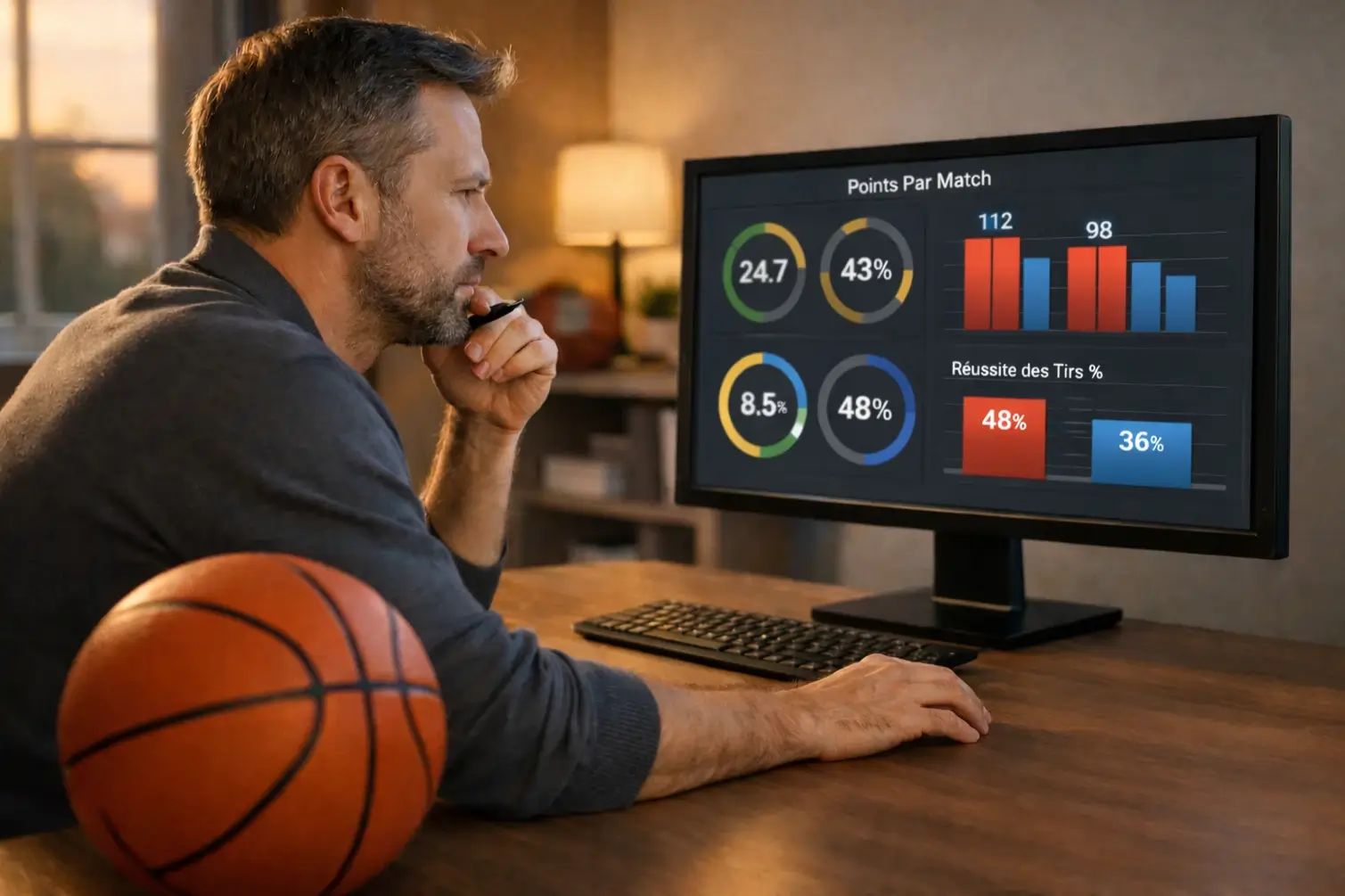 Analyste étudiant des statistiques NBA sur écran avec ballon de basket en premier plan