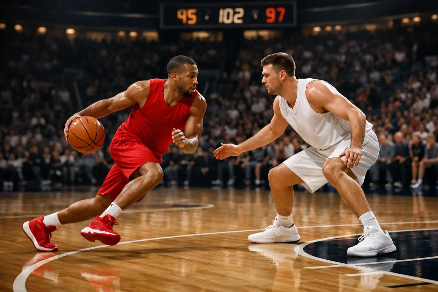 Match de basketball NBA en action vu depuis les gradins avec tableau de score