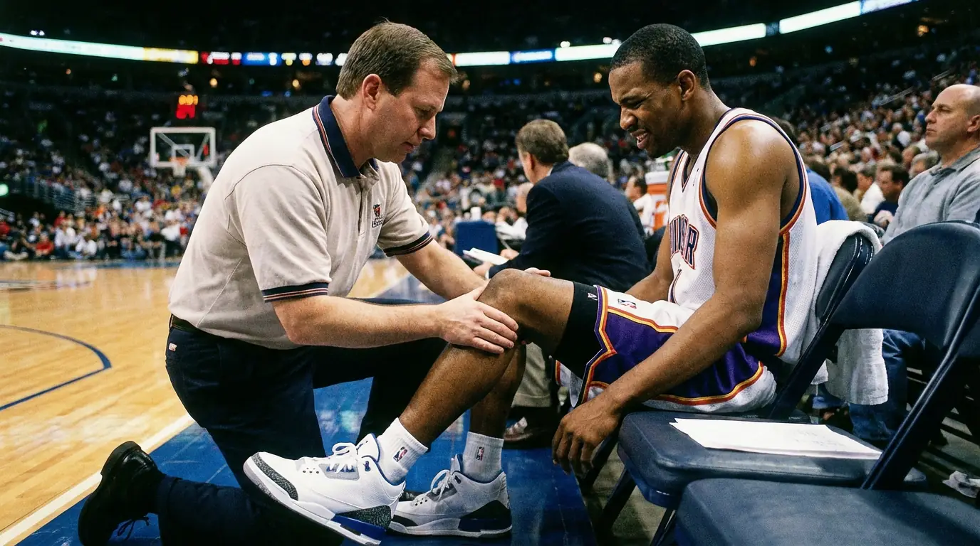 Staff médical NBA examinant le genou d'un joueur de basketball sur le bord du terrain