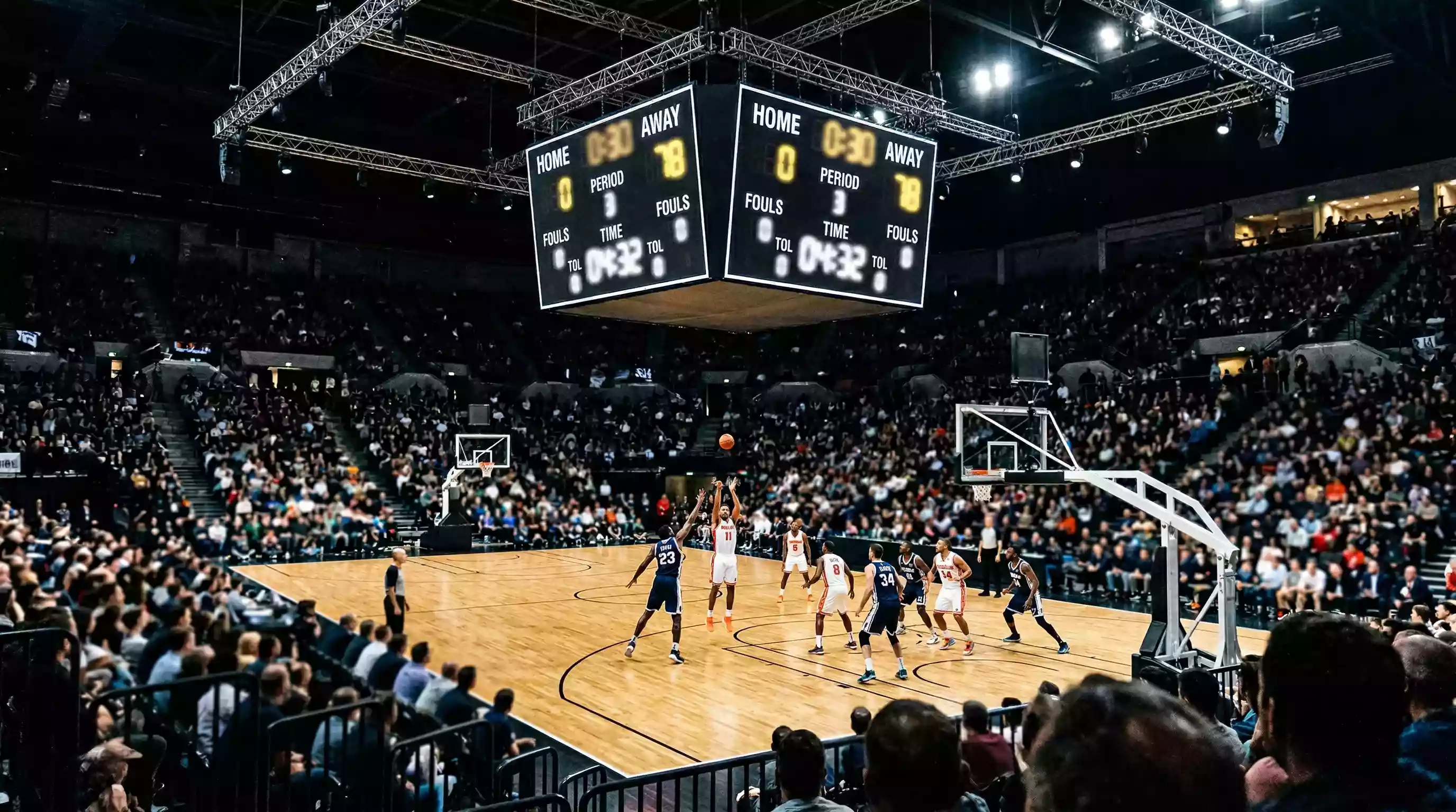 Écran géant affichant le score d'un match NBA en cours dans une salle de basketball