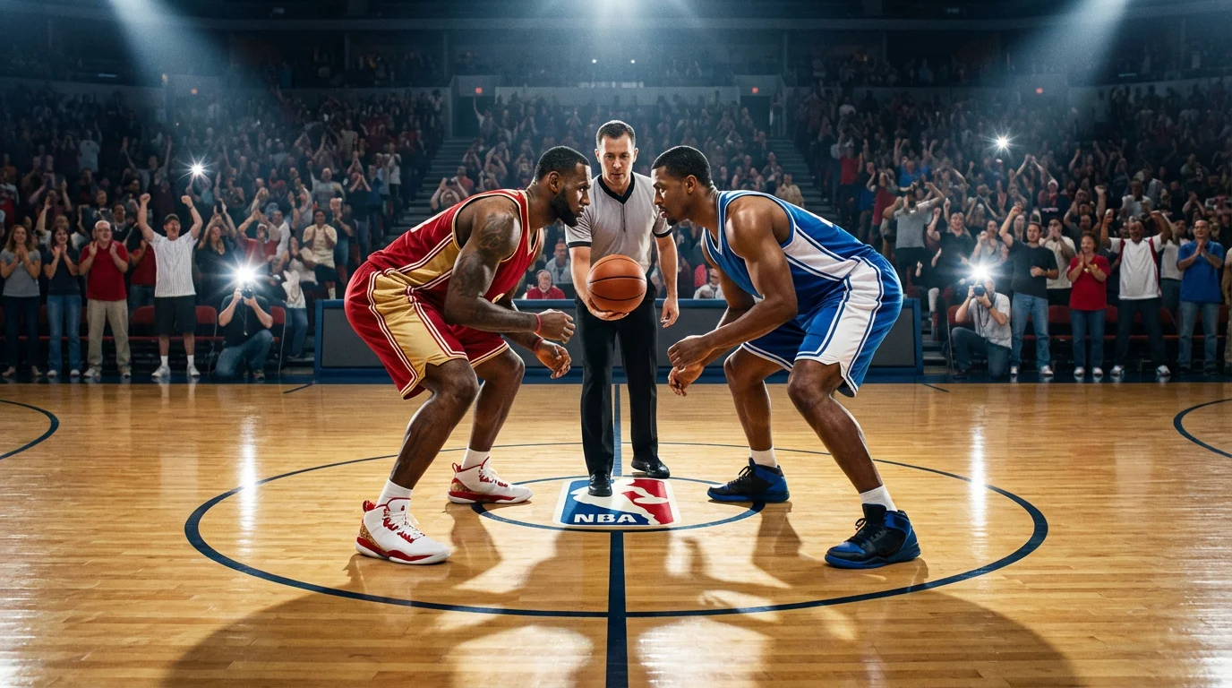 Deux joueurs de basketball face à face sur un terrain NBA avant le coup d'envoi