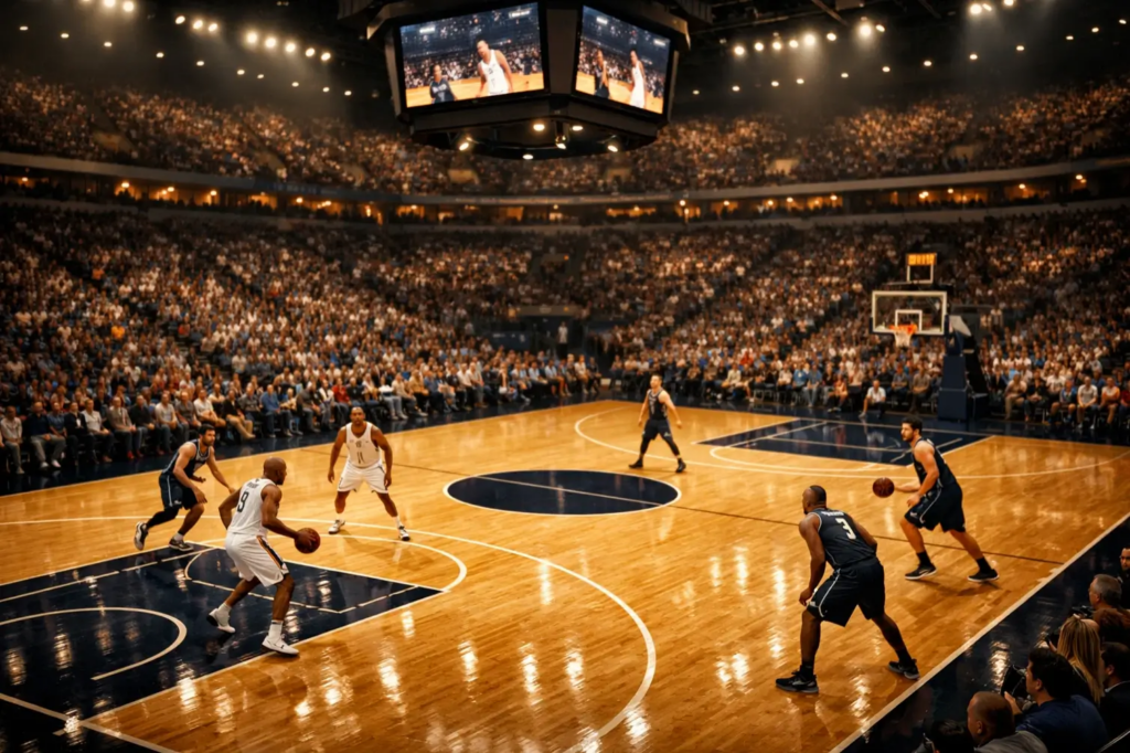 Arène NBA remplie de spectateurs pendant un match de basket