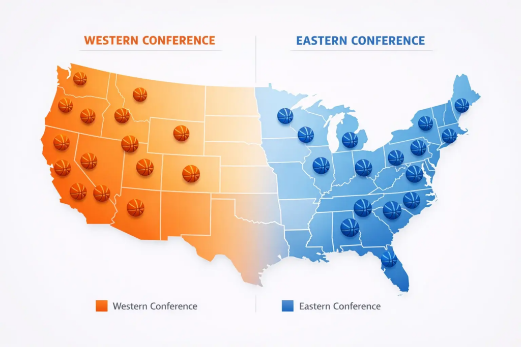 Carte des équipes NBA par conférence Est et Ouest