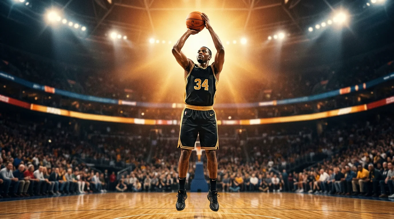 Joueur NBA en train de marquer un panier décisif lors d'un match