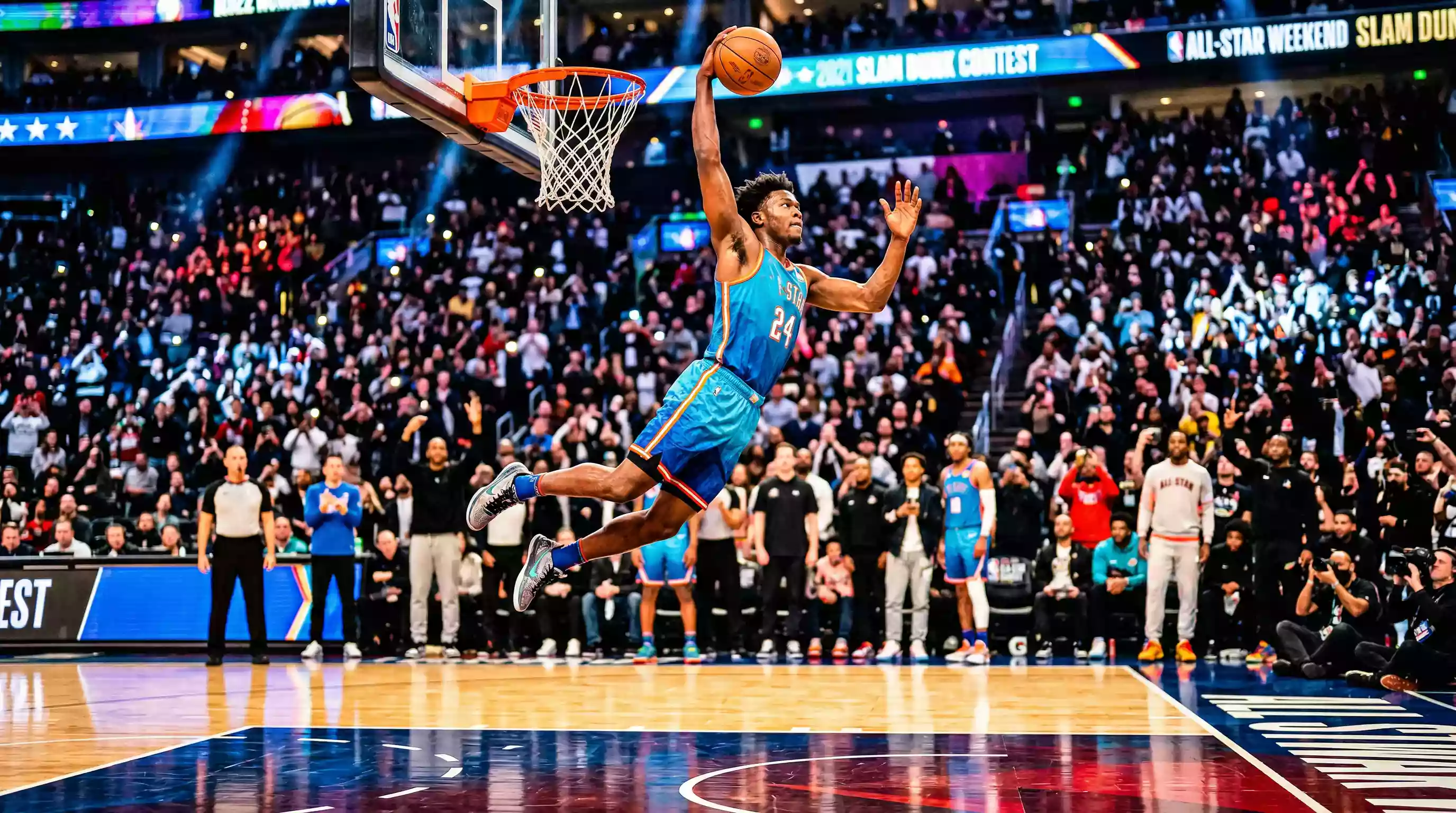 Joueur NBA réalisant un dunk spectaculaire lors du concours de dunks du All-Star Weekend