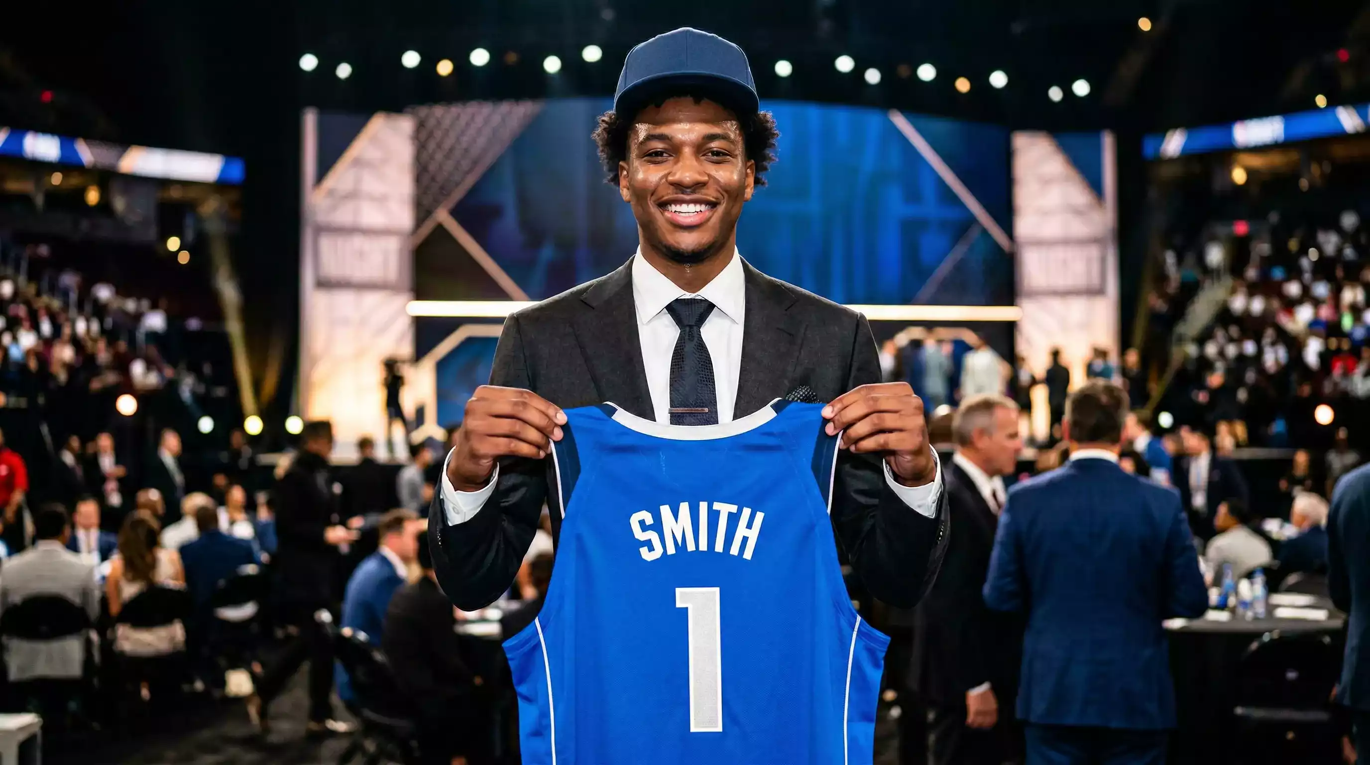 Jeune joueur de basketball prospect tenant un maillot NBA lors de la cérémonie de la Draft