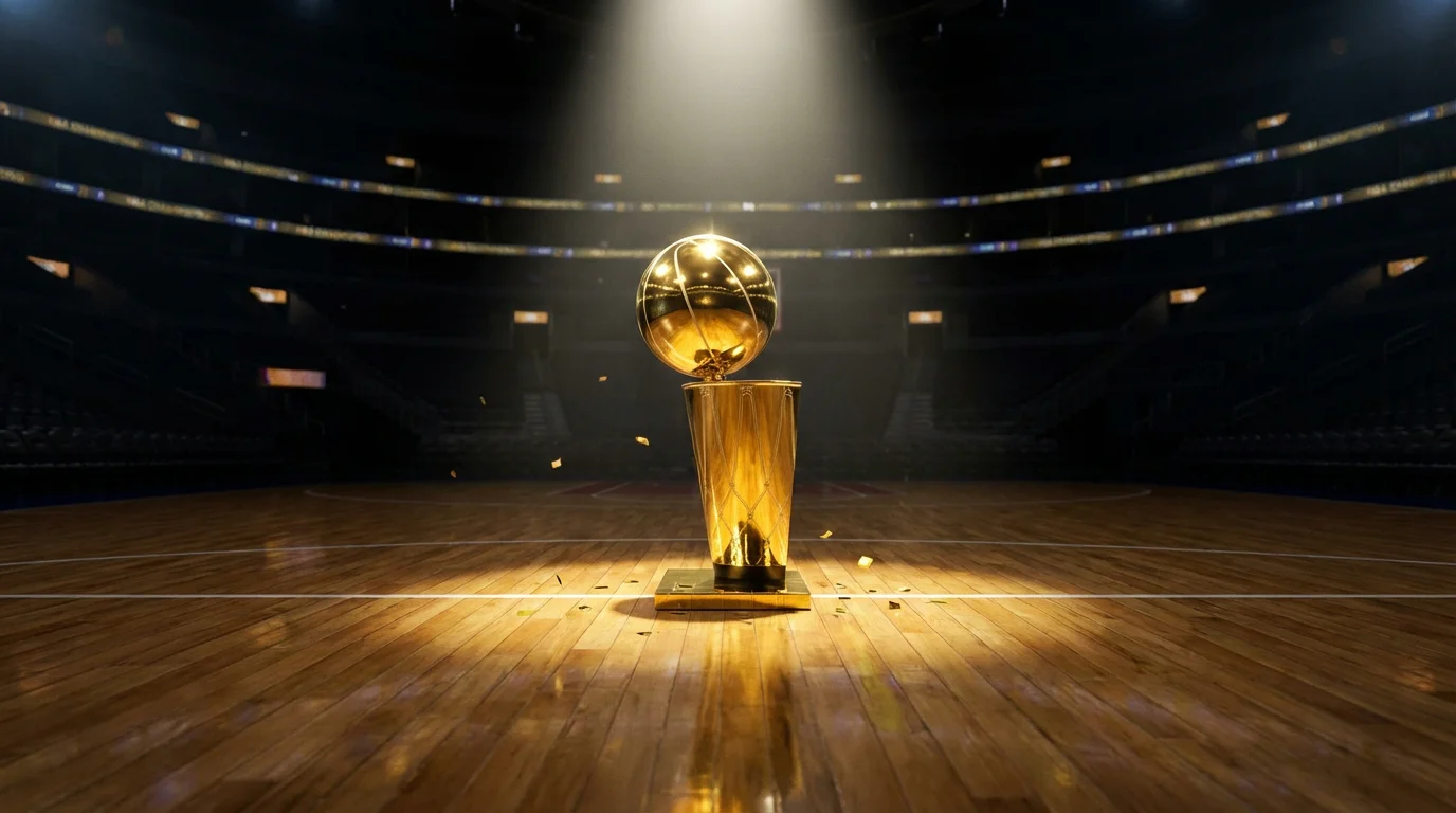 Trophée Larry O'Brien du championnat NBA posé sur un parquet de basket