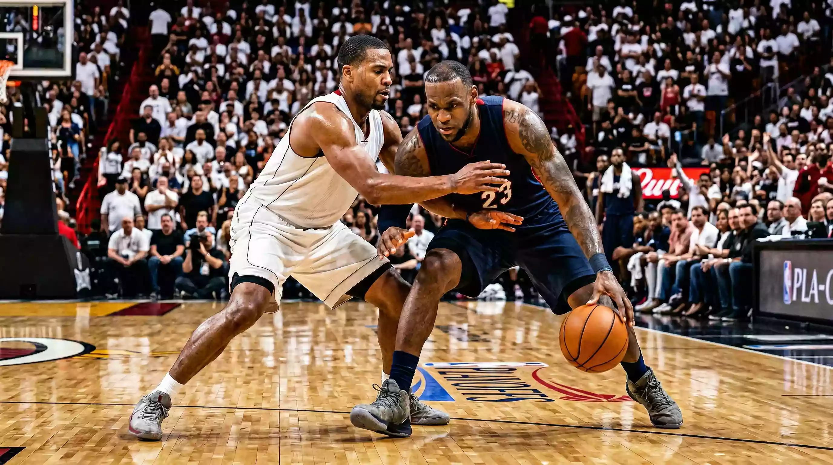 Joueurs NBA en action intense lors d'un match de playoffs sur parquet professionnel