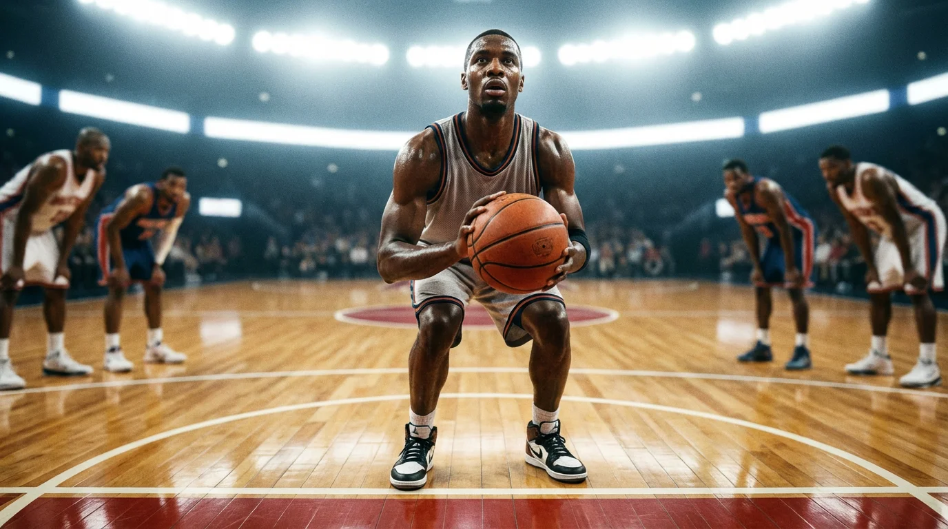Joueur NBA concentré balle en main avant un lancer franc