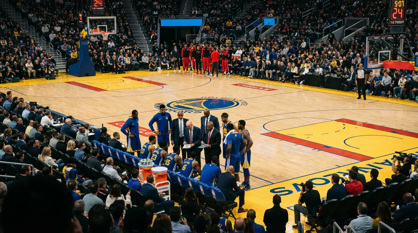 Vue plongeante d'un terrain de basketball NBA pendant un temps mort entre deux quart-temps