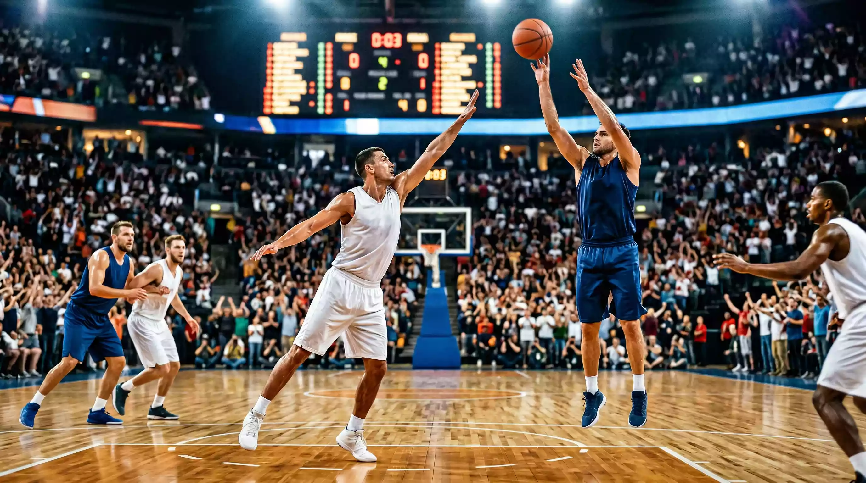 Match de basketball intense lors du Play-In Tournament NBA avec ambiance de haute pression