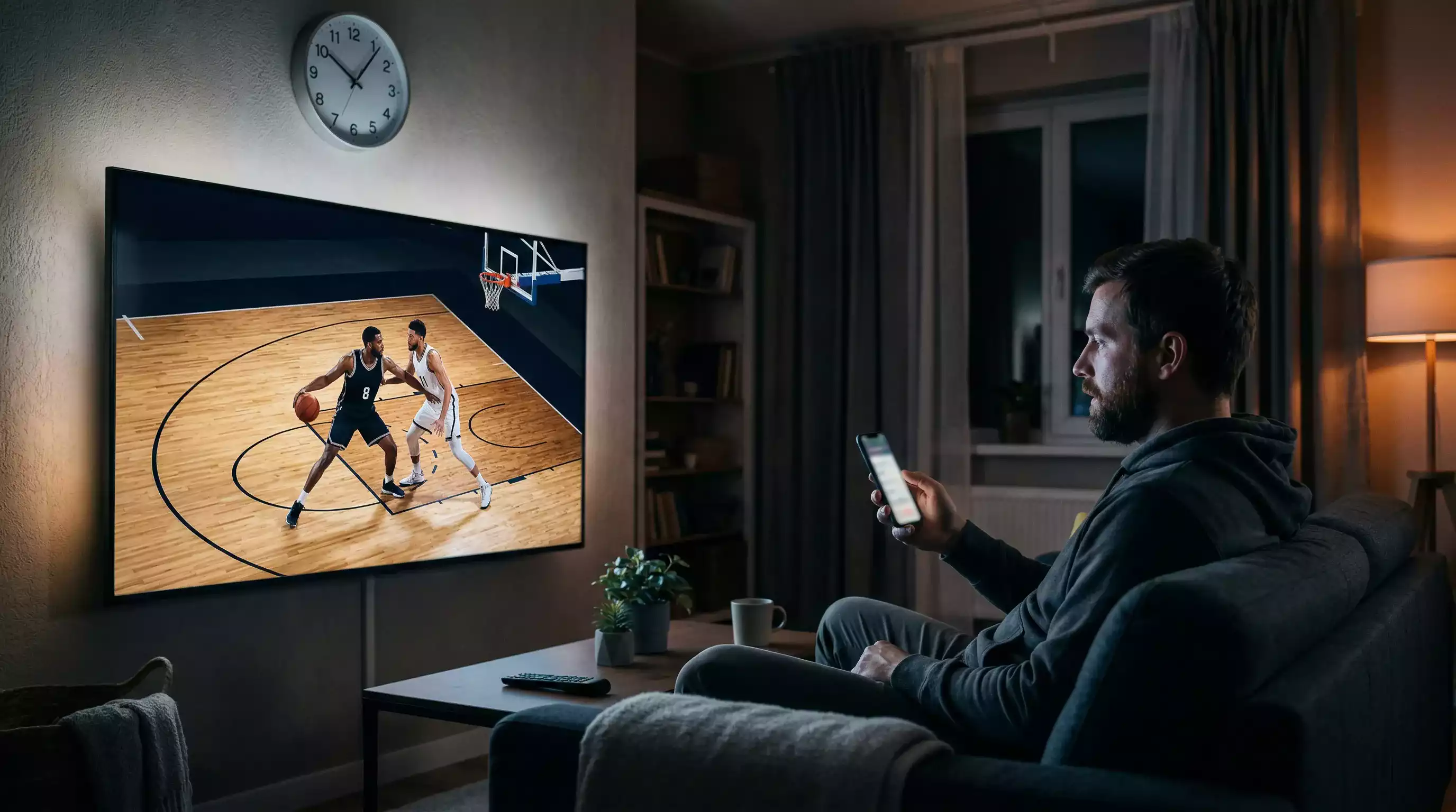 Fan de basketball regardant un match NBA en direct sur écran avec interface de paris sportifs